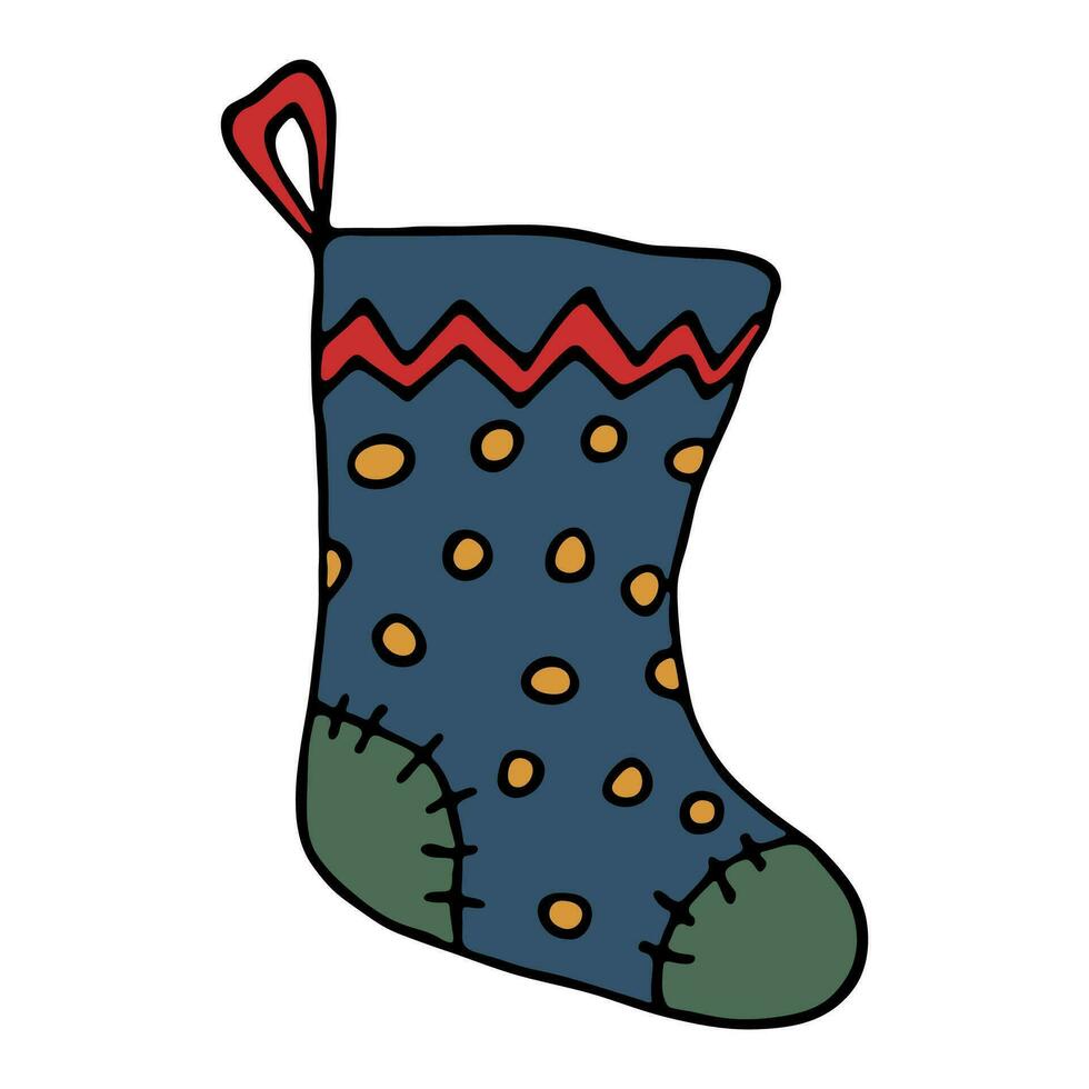 chaussette dessinée à la main pour les cadeaux de noël. doodle de chaussette suspendue. élément de conception unique d'hiver vecteur