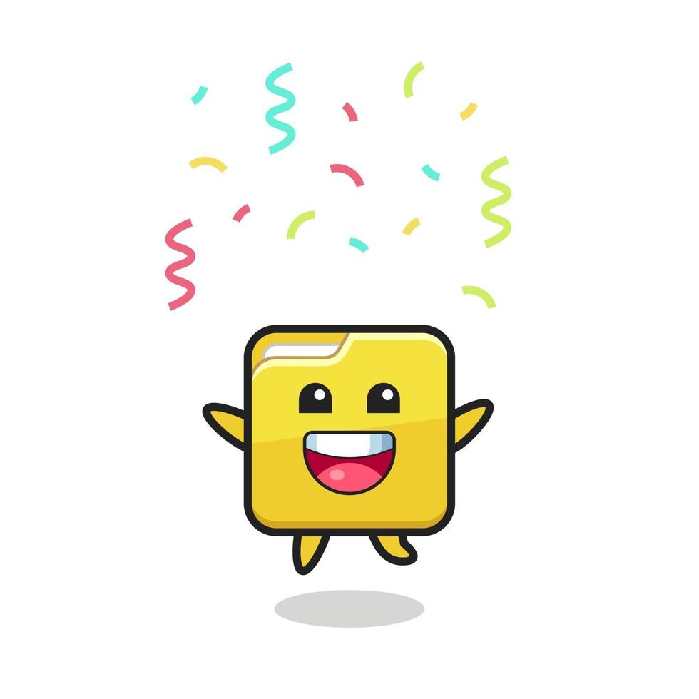 mascotte de dossier heureux sautant pour félicitation avec des confettis de couleur vecteur