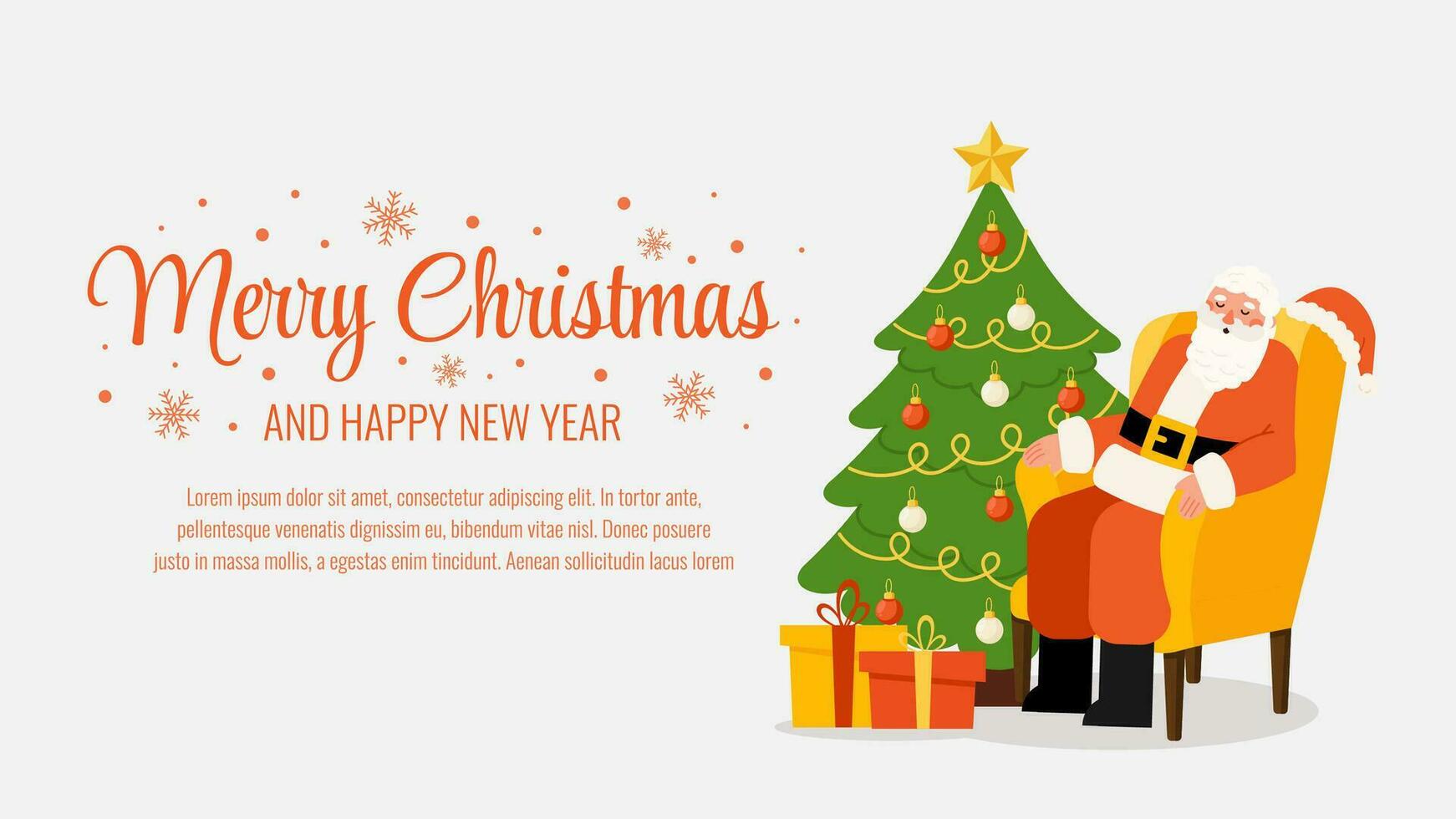 joyeux Noël salutation modèle bannière avec Père Noël noël, sapin arbre, présente vecteur