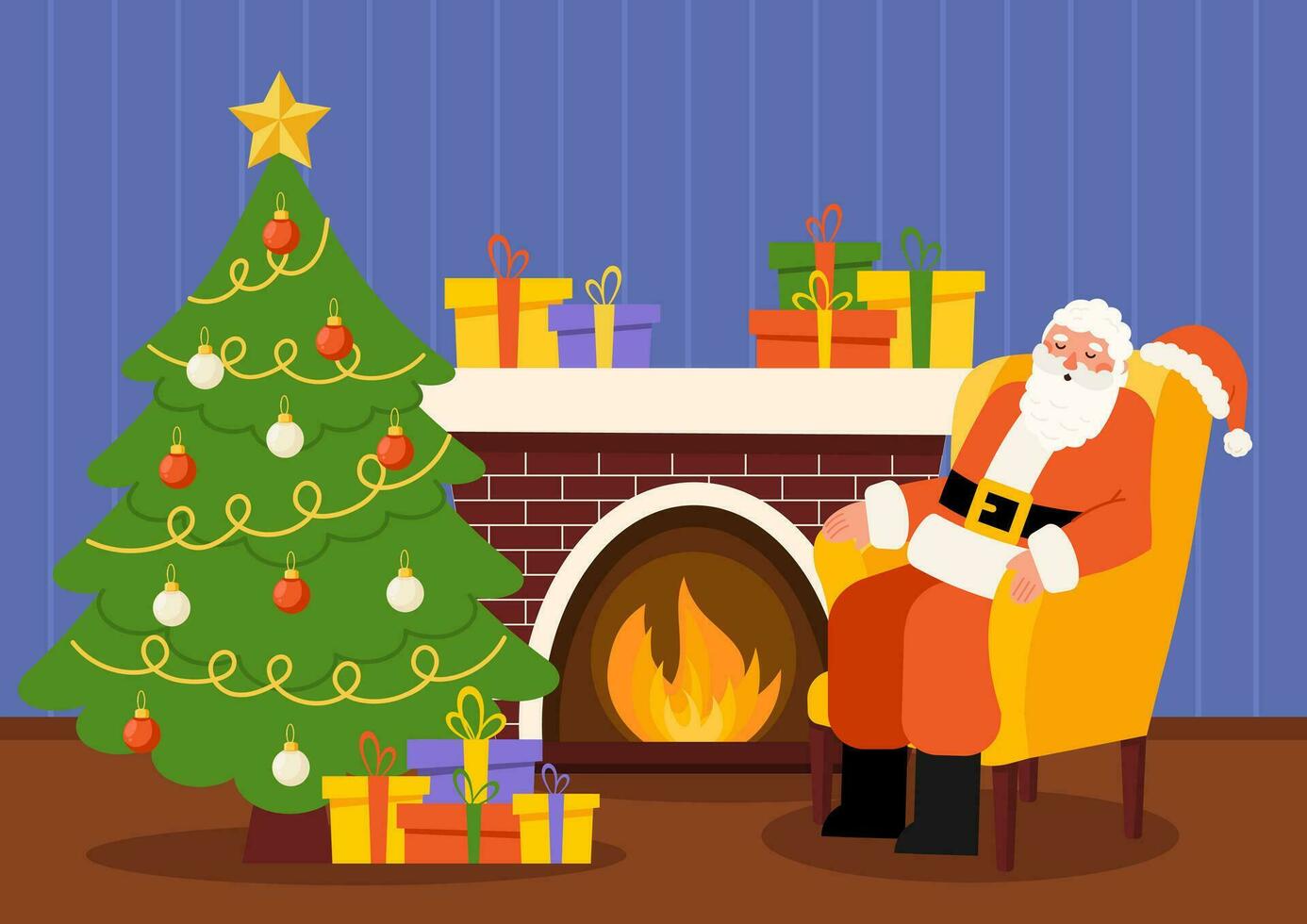 Noël vivant pièce avec Noël arbre, Père Noël noël, cheminée, cadeau des boites vecteur