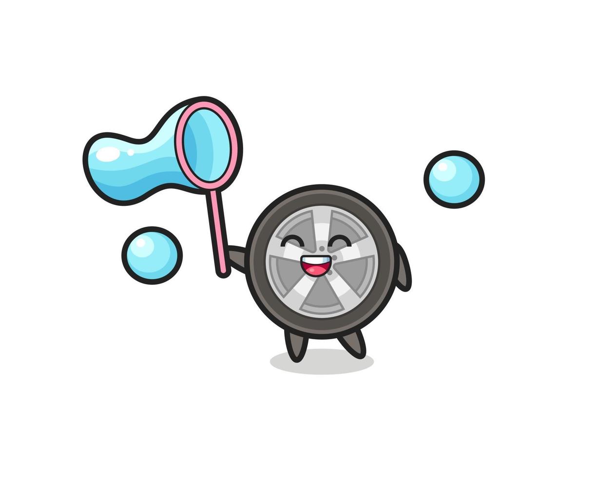 dessin animé de roue de voiture heureux jouant à la bulle de savon vecteur