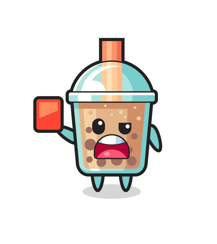 Bubble Tea mascotte mignonne comme arbitre donnant un carton rouge vecteur