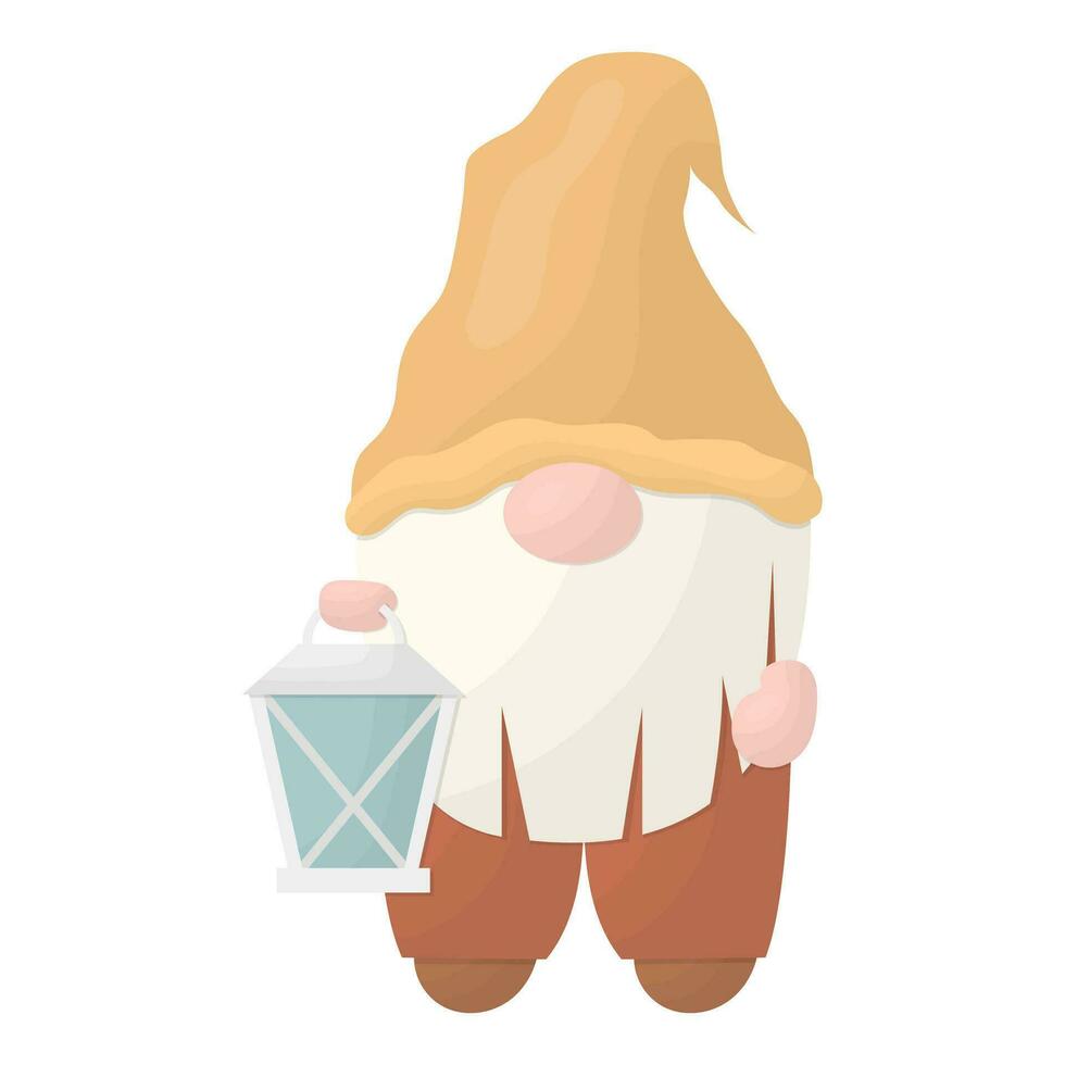 une jardin gnome avec une lampe de poche dans le sien mains. vecteur illustration sur une blanc Contexte.