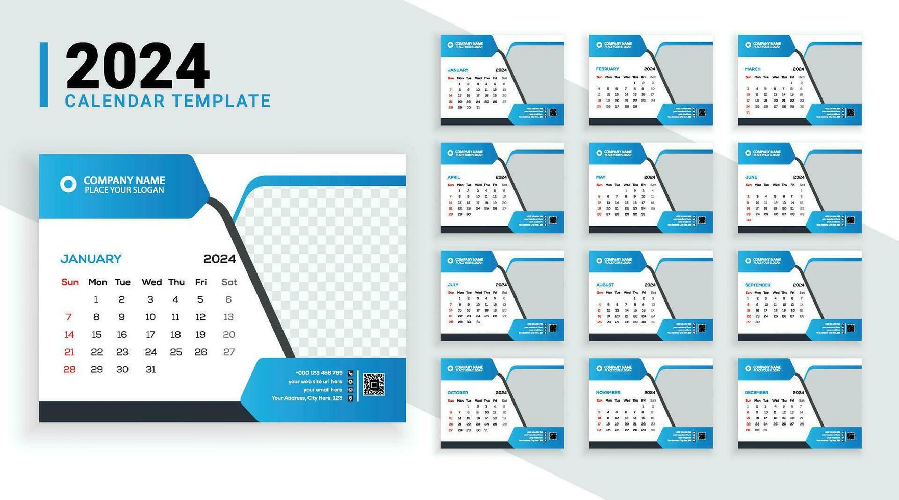 moderne 12 pages bureau calendrier modèle pour le année 2024 avec abstrait pente formes et un image espace réservé vecteur