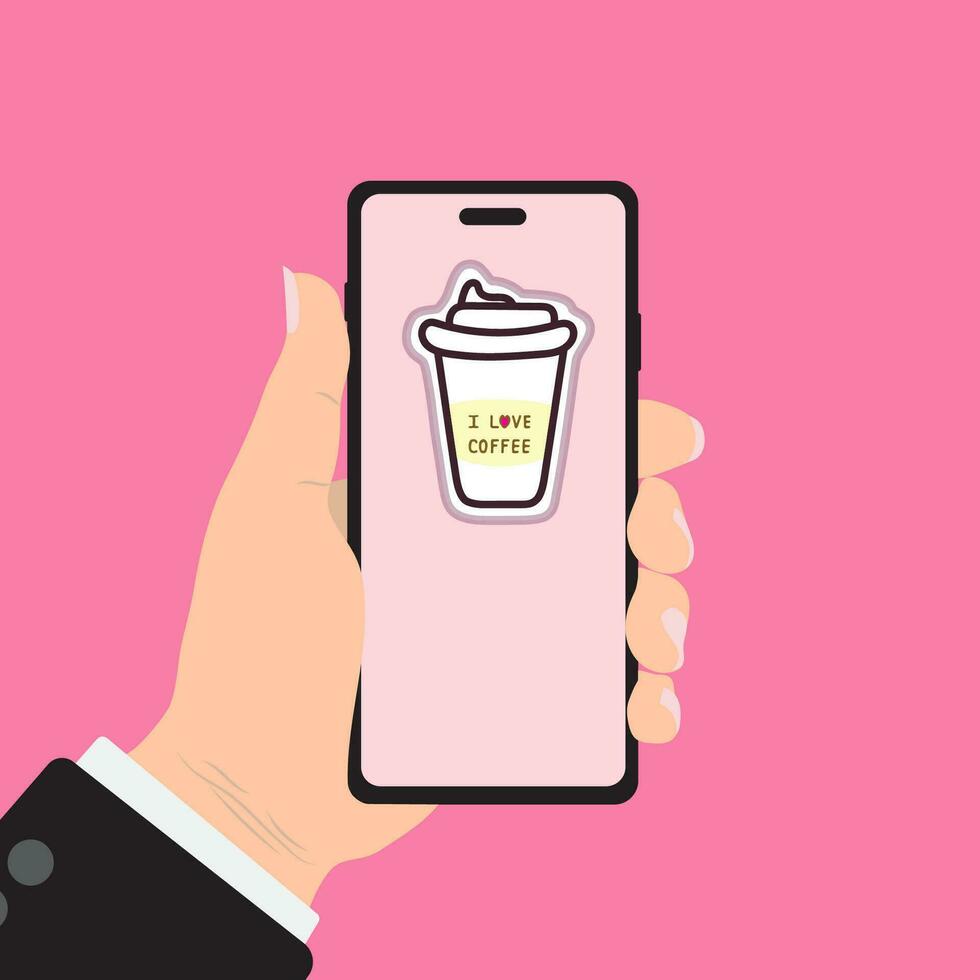 main en portant téléphone intelligent avec jetable café tasse sur le filtrer. commande nourriture et boisson concept. plat vecteur illustration.