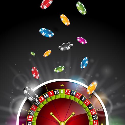 Jetons de poker colorés tombant sur la roue de la roulette vecteur