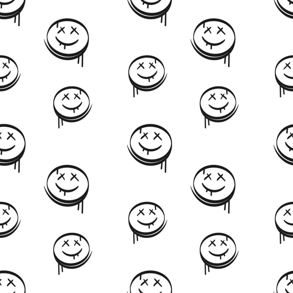 sans couture graffiti noir émoticône. dessin modèle souriant emoji dans contour Urbain style. rue art. minimaliste Contexte vecteur