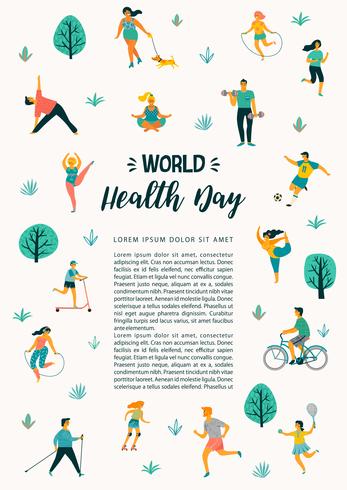 Journée mondiale de la santé. Illustration vectorielle de personnes menant une vie saine et active. vecteur