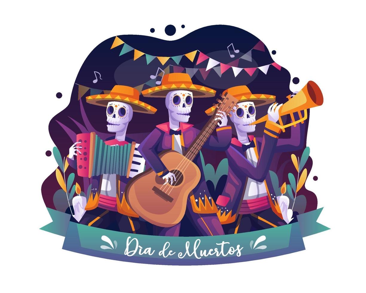 Les musiciens squelettes célèbrent l'illustration vectorielle dia de los muertos vecteur