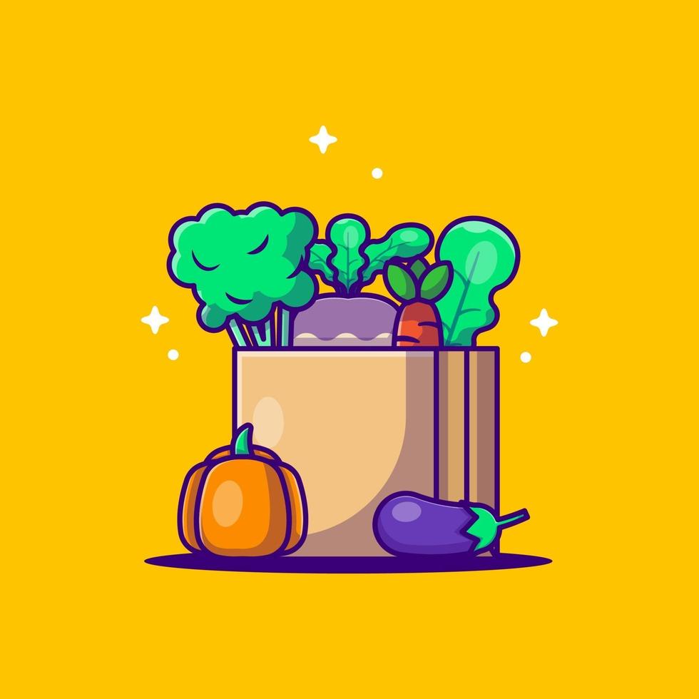 Illustrations vectorielles de dessin animé mignon légumes dans un sac à provisions vecteur