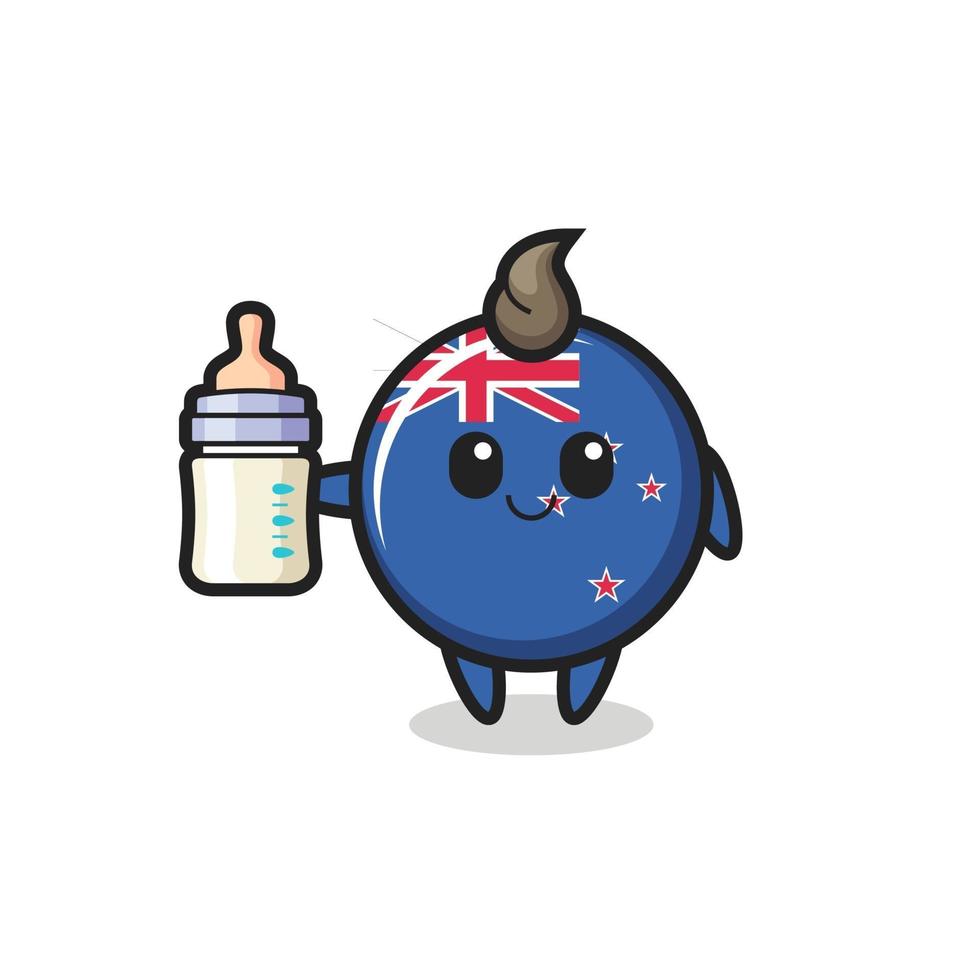 personnage de dessin animé d'insigne de drapeau de la nouvelle-zélande de bébé avec la bouteille de lait vecteur