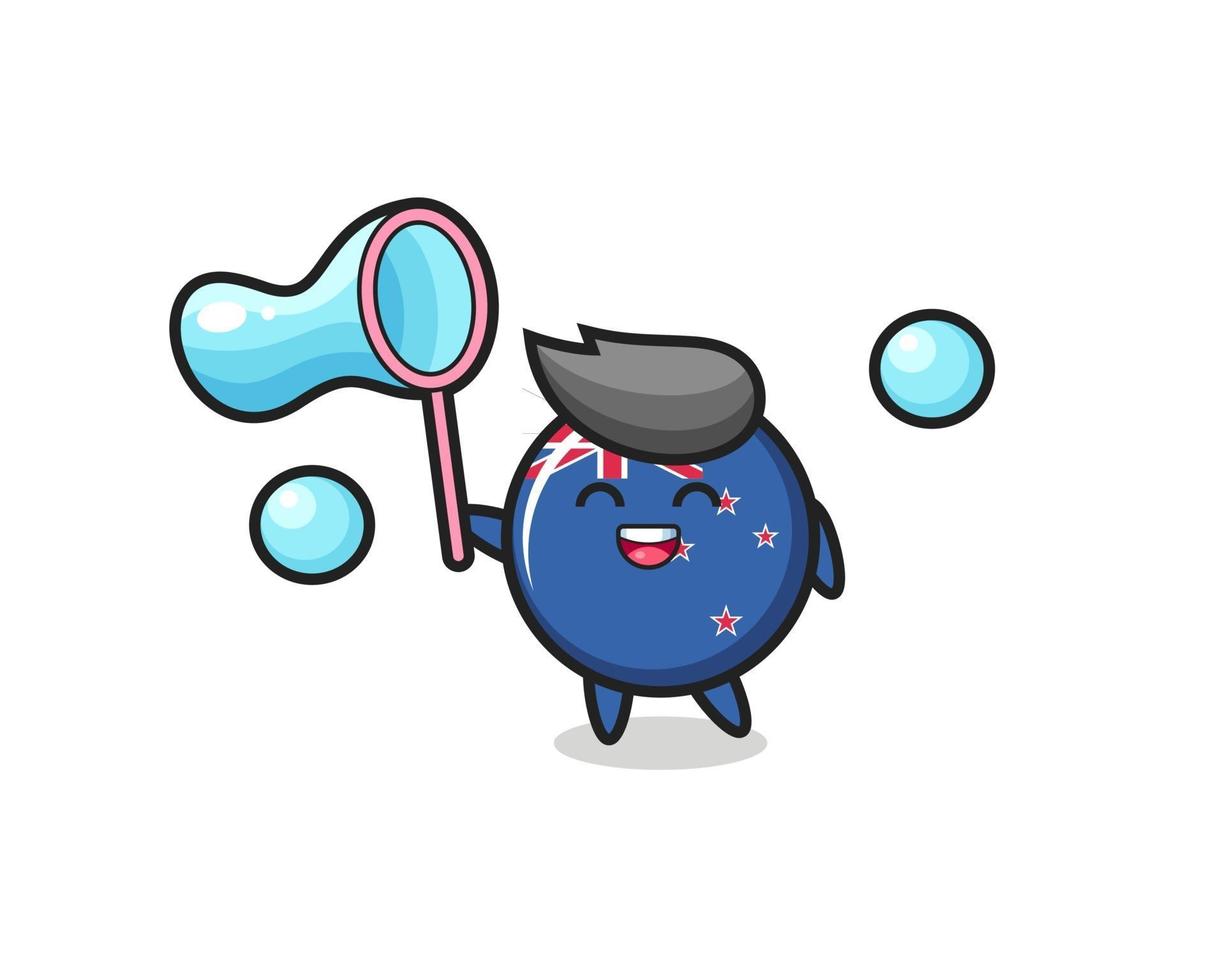 joyeux dessin animé insigne du drapeau de la nouvelle-zélande jouant à la bulle de savon vecteur