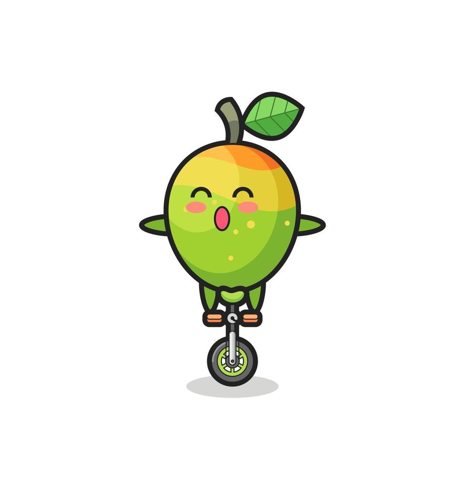 le mignon personnage de mangue fait du vélo de cirque vecteur