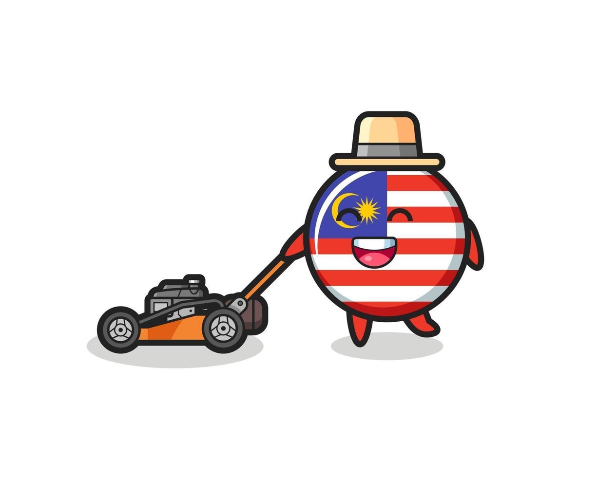 illustration du personnage de l'insigne du drapeau de la malaisie à l'aide d'une tondeuse à gazon vecteur