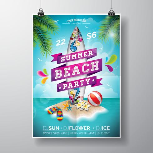 Vector Summer Beach Party Flyer Design avec île de paradis de la planche de surf