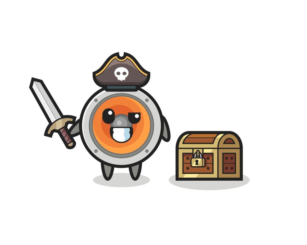 le personnage pirate haut-parleur tenant une épée à côté d'un coffre au trésor vecteur