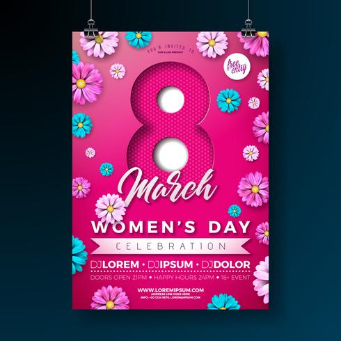 Journée des femmes Flyer Party Illustration avec des fleurs sur fond rose. vecteur
