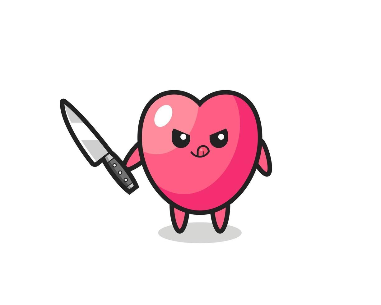 mascotte mignonne de symbole de coeur comme psychopathe tenant un couteau vecteur