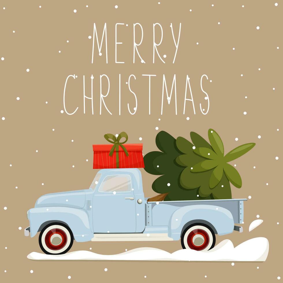 bleu Noël ramasser un camion avec une cadeau boîte sur le toit et une Noël arbre dans le tronc. une un camion porter une Noël arbre par une congère. joyeux Noël texte. carte postale, affiche, invitation. vecteur