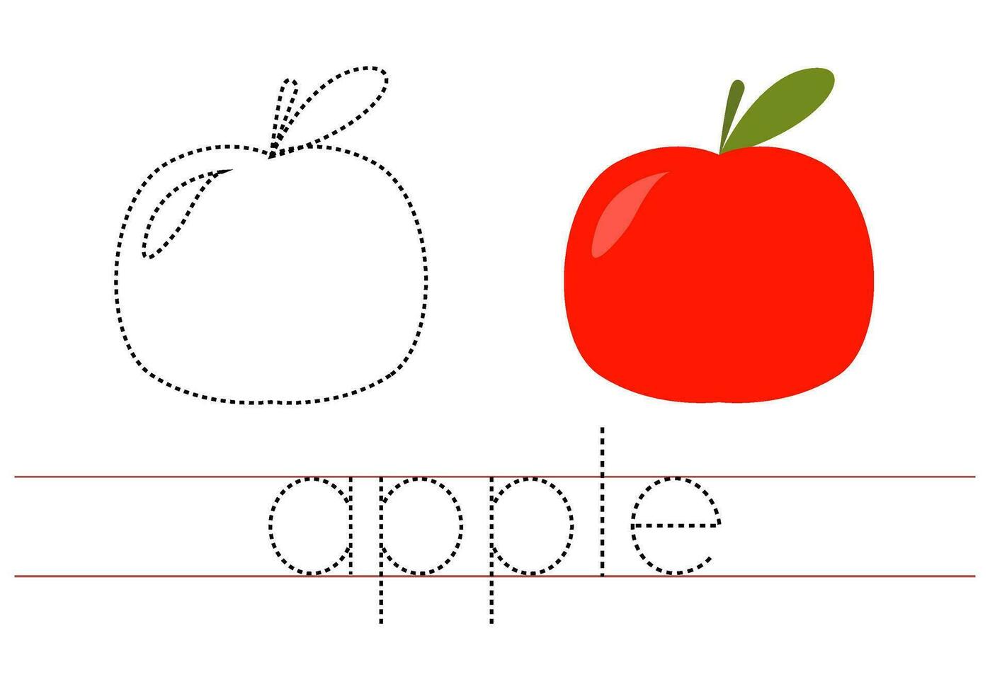 trace mot Pomme. Anglais feuille de travail pour enfants. dessin animé coloré Pomme. vecteur