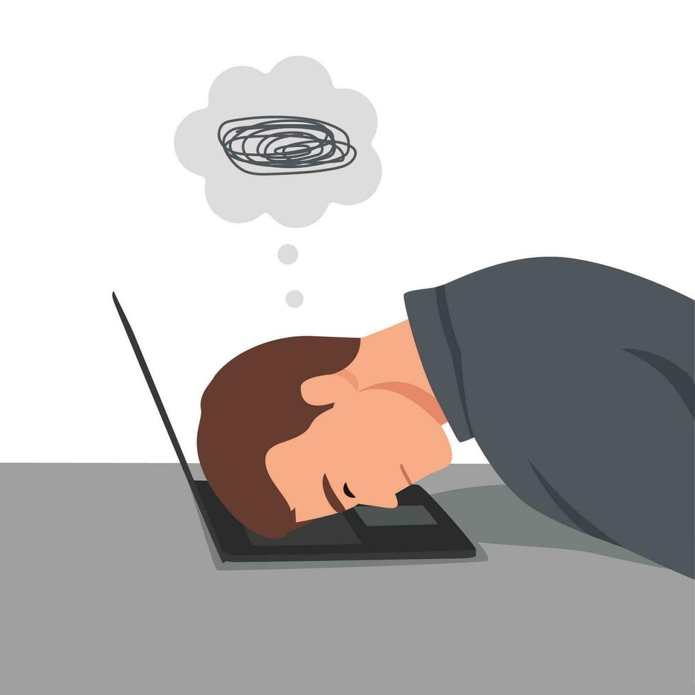 professionnel Burnout syndrome. épuisé malade fatigué Masculin directeur dans Bureau triste ennuyeuse séance avec tête vers le bas sur portable. frustré ouvrier mental santé problèmes. vecteur