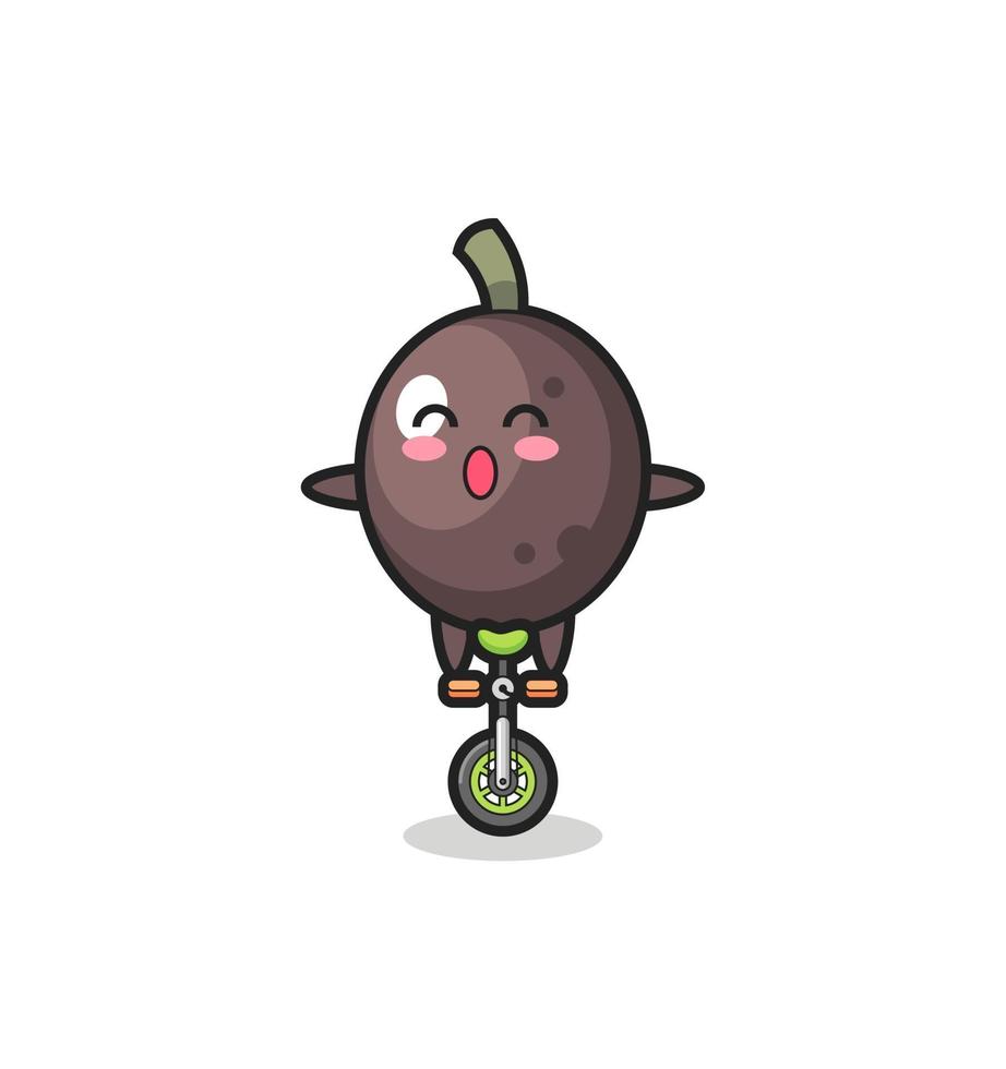 le mignon personnage d'olive noire fait du vélo de cirque vecteur
