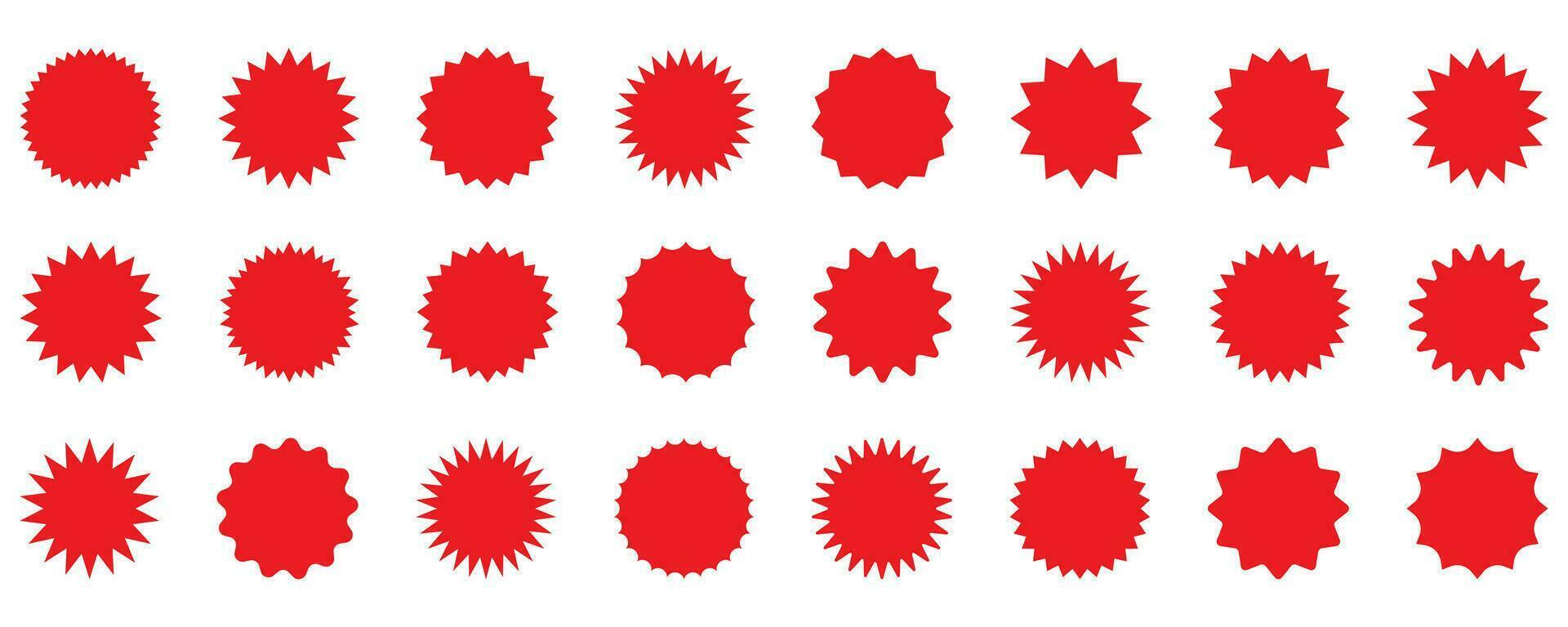 ensemble d'étoiles rouges vectorielles, badges sunburst. icônes rouges sur fond blanc. étiquettes vintage de style plat simple, autocollants. vecteur