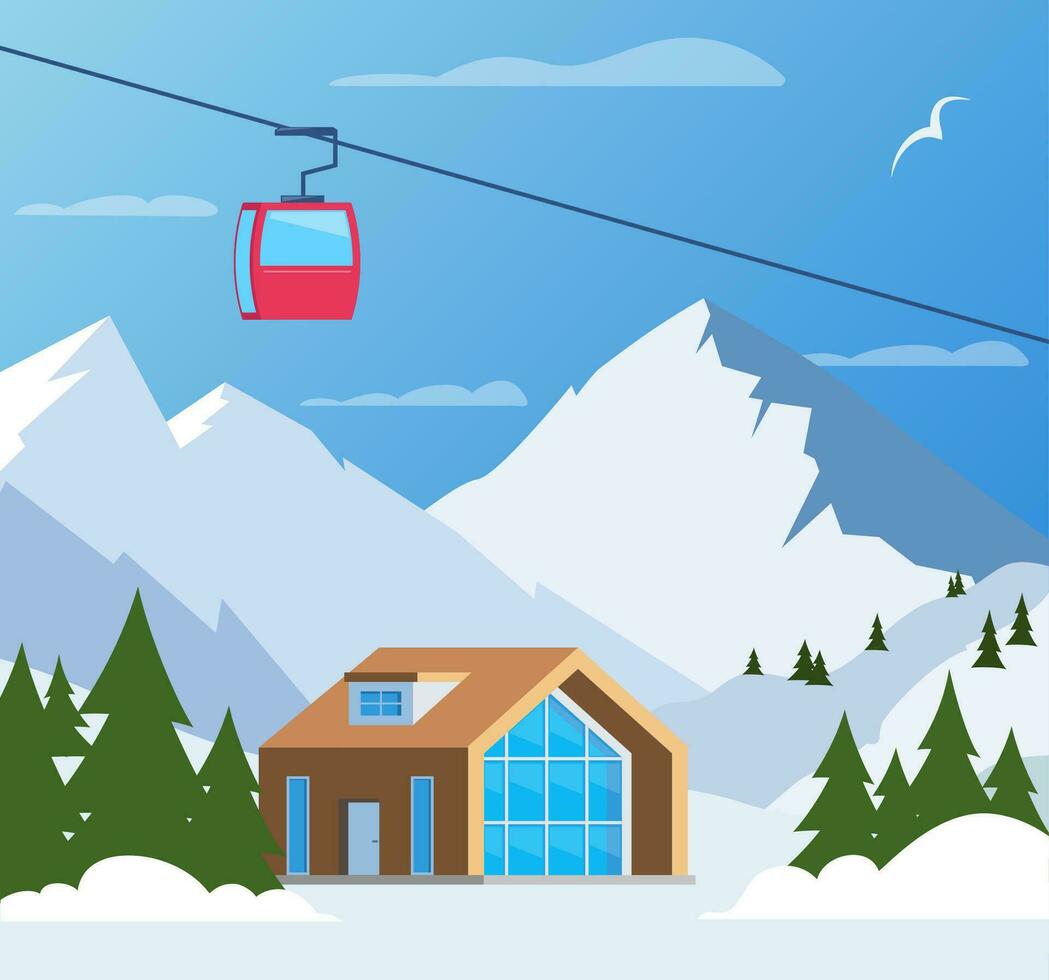 station de ski. paysage de montagne d'hiver avec lodge, téléski. bannière de vacances de sports d'hiver. illustration vectorielle. vecteur