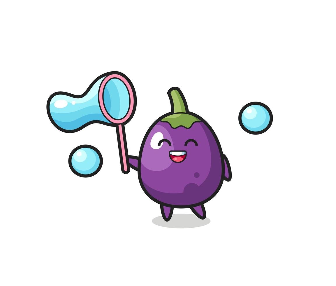 dessin animé heureux aubergine jouant à la bulle de savon vecteur