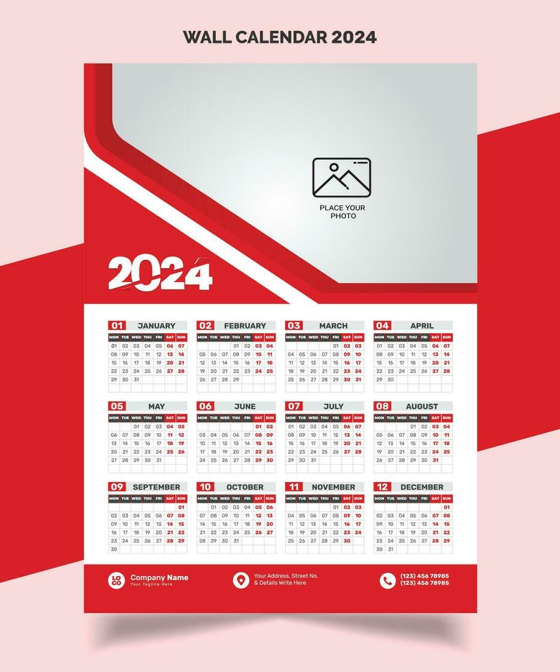 2024 mur calendrier modèle conception 2024 calendrier Célibataire page, un page, vecteur