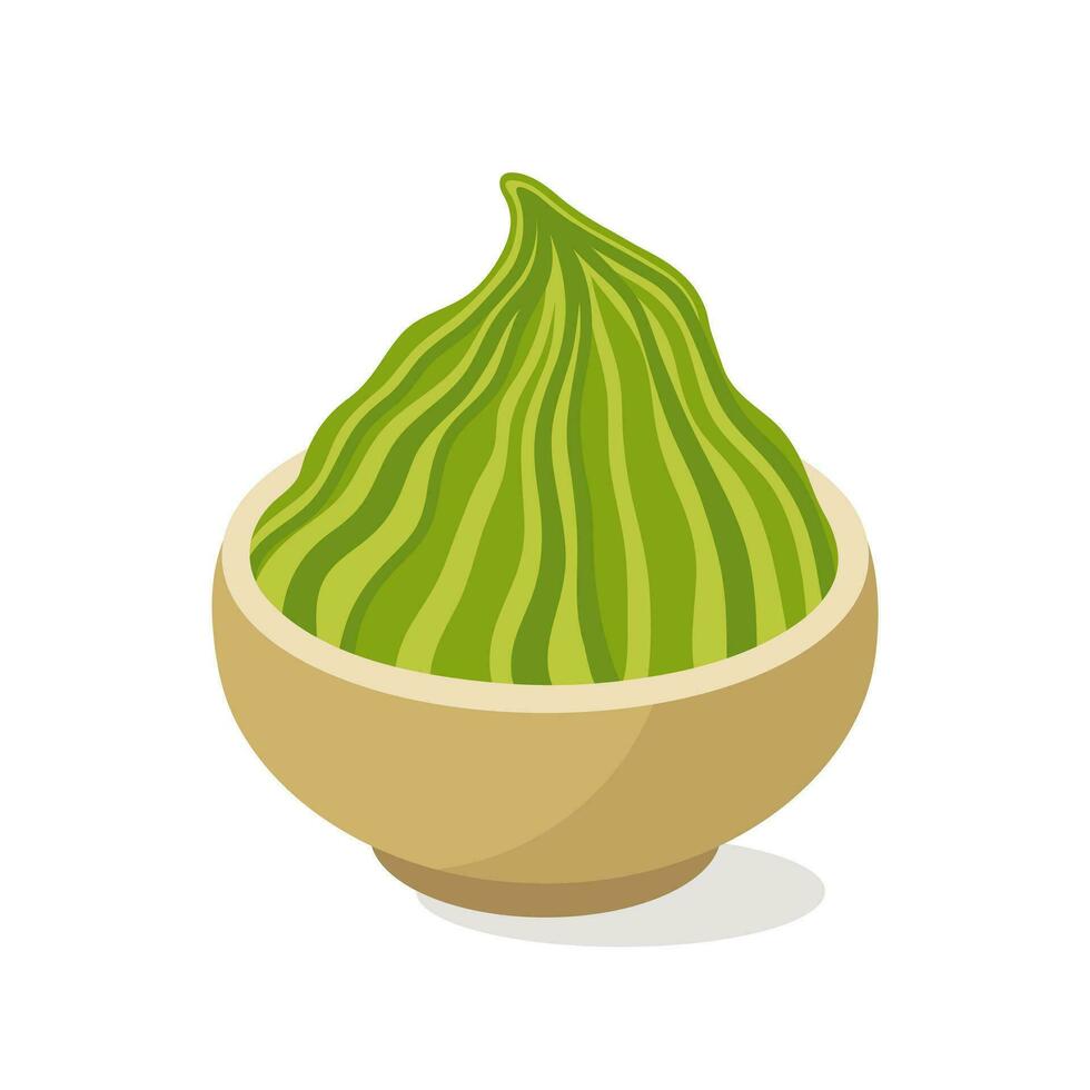 wasabi vecteur icône. épicé vert pâte dans une en bois soucoupe. délicieux Japonais assaisonnement pour poisson, Sushi, Rouleaux. main tiré illustration isolé sur blanche. plat dessin animé clipart pour affiches, imprimer, café