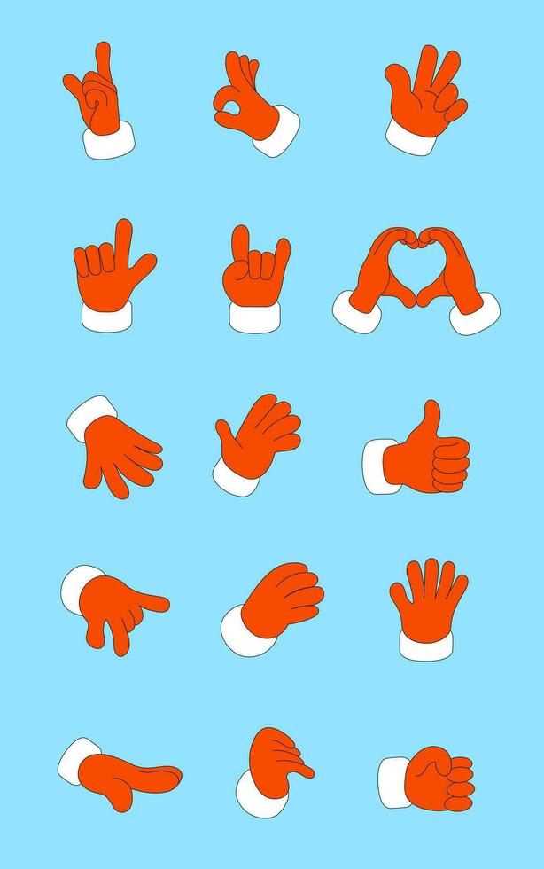 dessin animé Noël personnage différent main gestes. Père Noël claus mains emoji montrer du doigt des doigts. sensationnel Père Noël rouge gants. vecteur