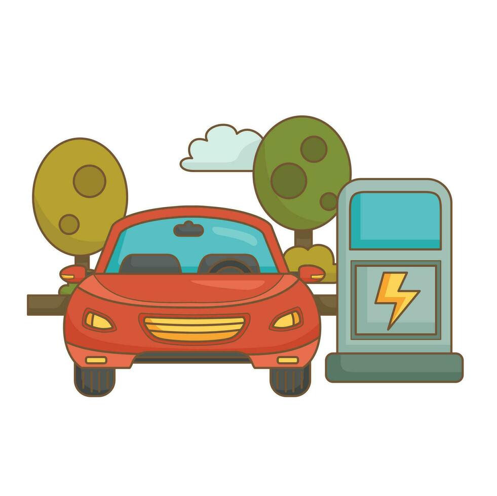aller vert La technologie électrique voiture éco amical dessin animé illustration vecteur clipart autocollant