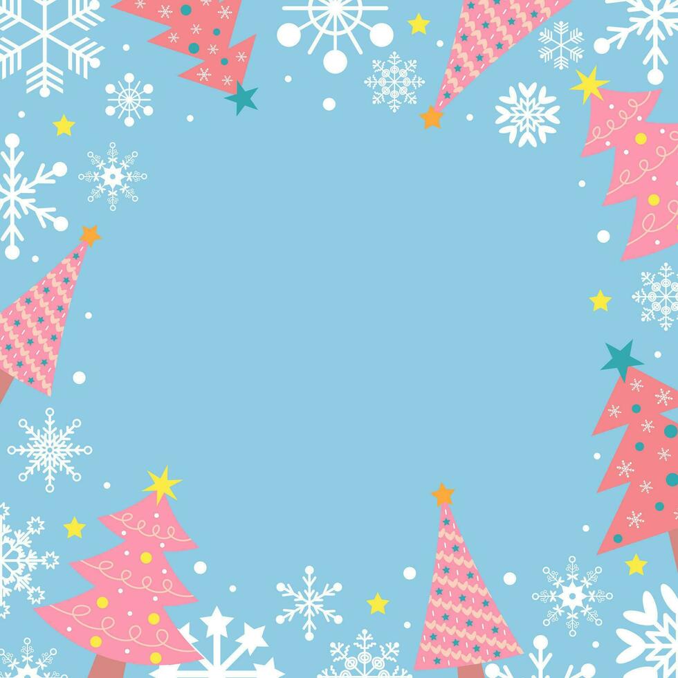 pastel bleu Contexte avec blanc flocons de neige, rose Noël des arbres et étoiles. de fête Noël conception. vide espace pour votre texte. modèle pour cartes, bannière, affiche. vecteur