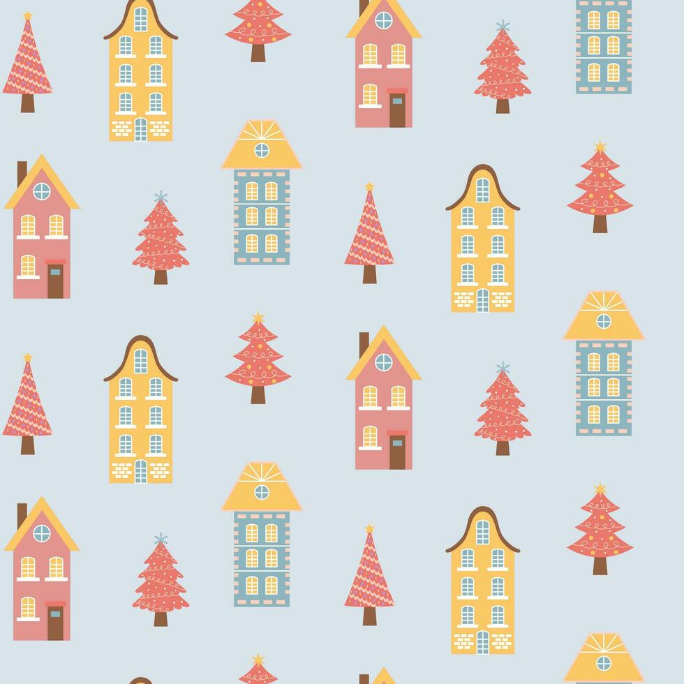 scandinave Maisons et rose Noël des arbres sans couture modèle. parfait pour cartes, faire-part, fond d'écran, bannières, Jardin d'enfants, bébé douche, les enfants pièce décoration. vecteur