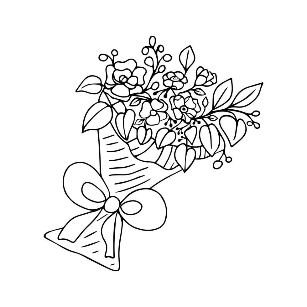 main tiré bouquet de fleurs avec feuilles sur tiges et baies dans emballage papier avec une arc et rubans. griffonnage l'amour symboles vacances clipart pour carte, logo, conception. isolé sur blanc Contexte. vecteur