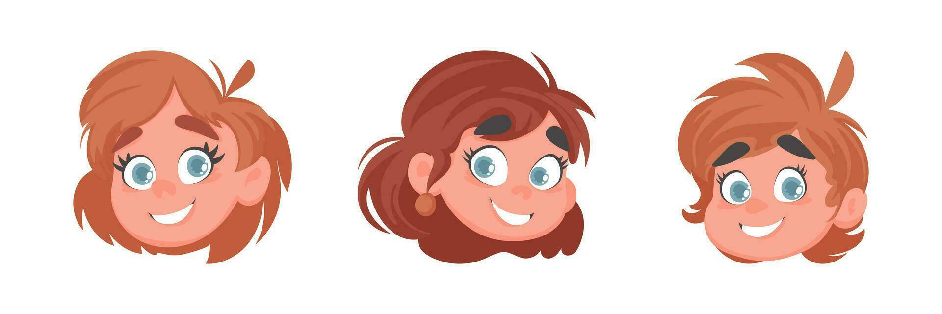 ensemble de visages de mignonne et de bonne humeur filles. dessin animé style vecteur