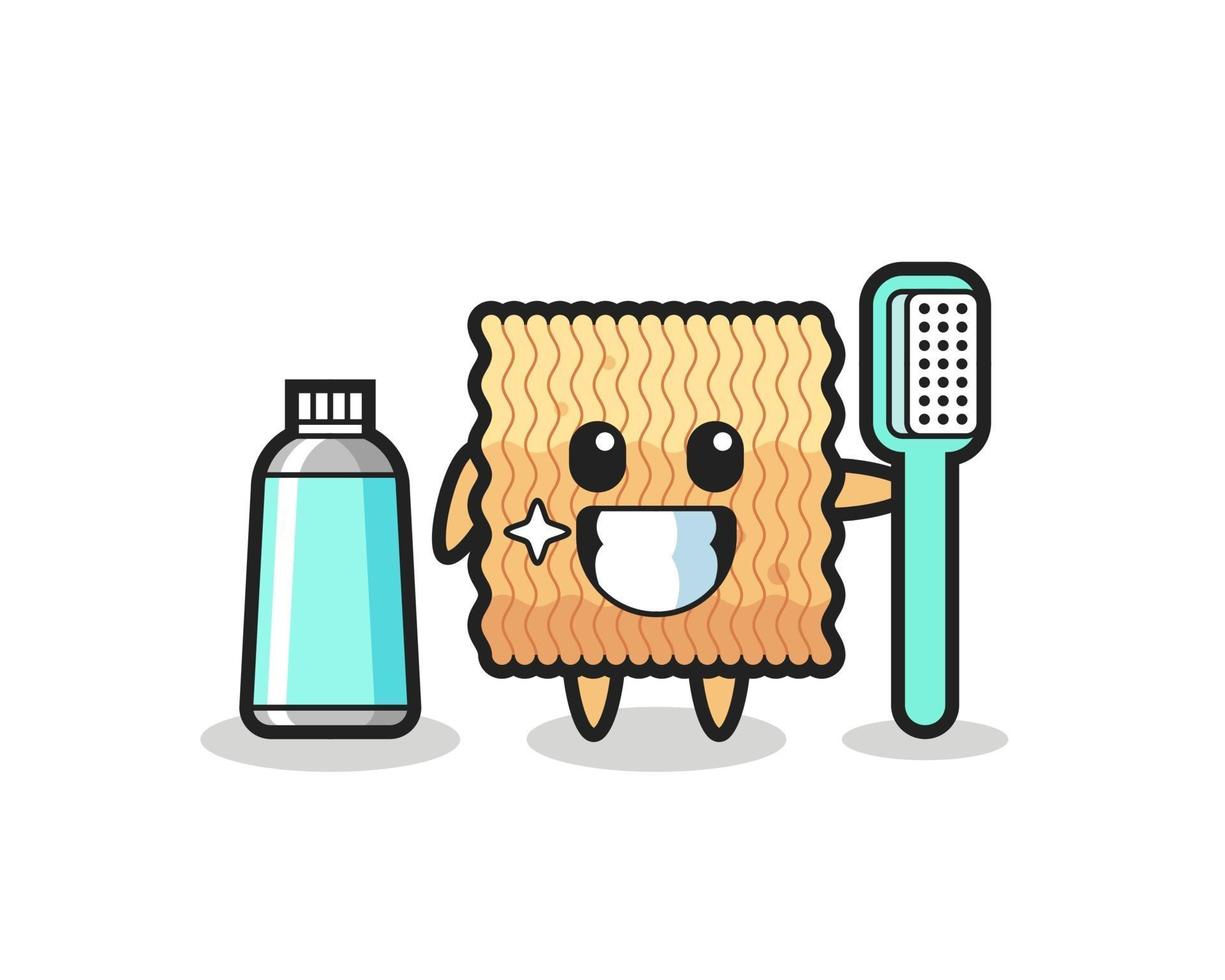 illustration de mascotte de nouilles instantanées brutes avec une brosse à dents vecteur