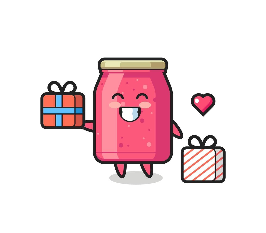 caricature de mascotte de confiture de fraises donnant le cadeau vecteur