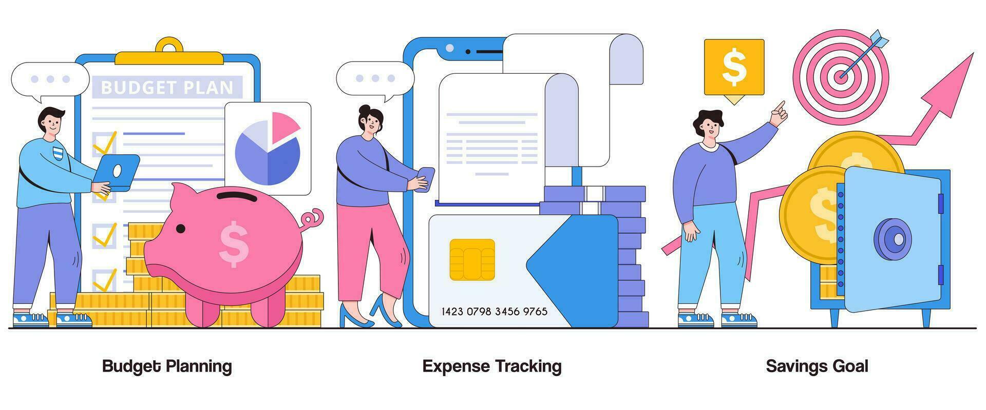 budget planification, frais suivi, des économies objectif concept avec personnage. personnel la finance abstrait vecteur illustration ensemble. financier discipline, financier bien-être, des économies habitude métaphore