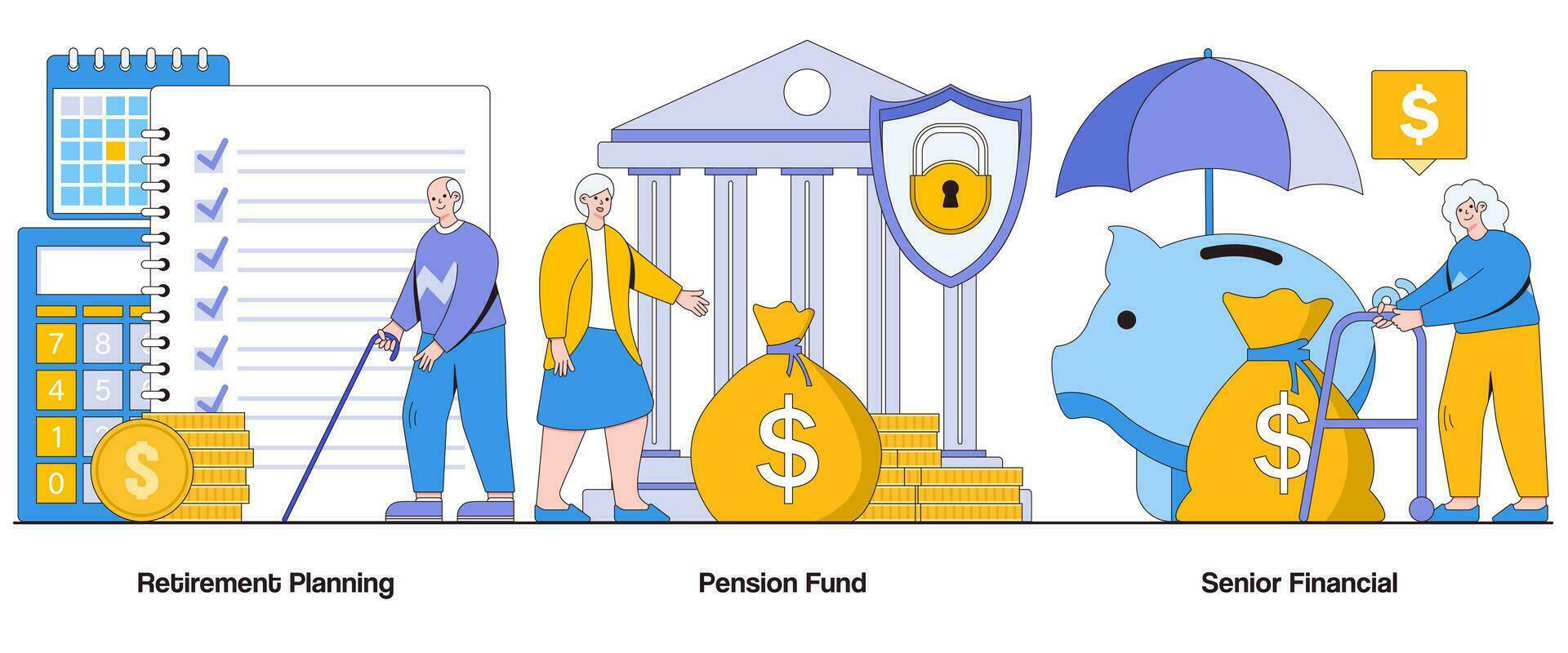 retraite planification, Pension fonds, Sénior financier Sécurité concept avec personnage. retraite des économies abstrait vecteur illustration ensemble. financier indépendance, retraite buts, d'or ans