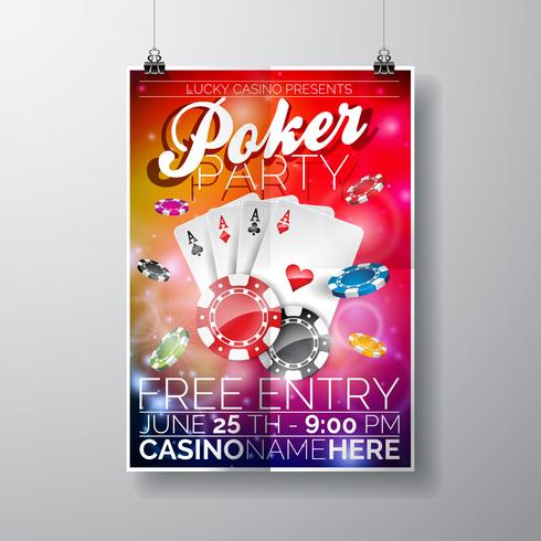 Conception de Vector Party Flyer sur un thème de casino avec des puces et des cartes sur fond de couleur.