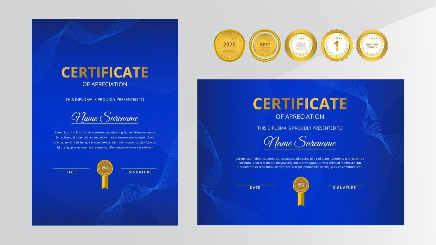 certificat de luxe dégradé doré et bleu avec jeu d'insignes en or vecteur