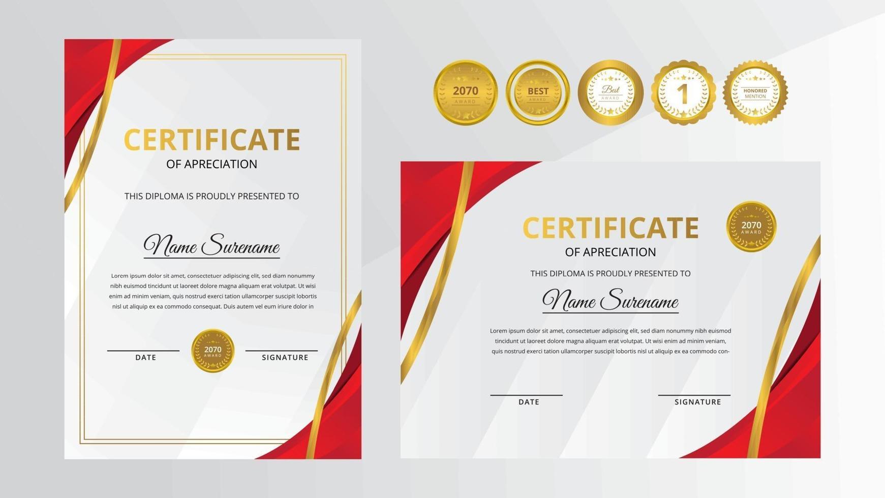 certificat de luxe rouge radieux avec jeu d'insignes en or vecteur