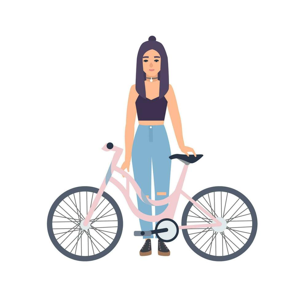 moderne fille permanent avec vélo. dessin animé plat coloré vecteur illustration.