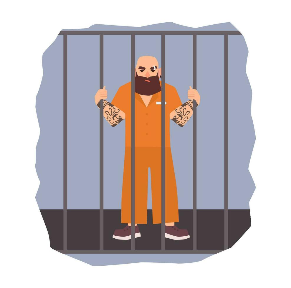 coloré illustration avec Masculin prisonnier en dessous de arrêter. en colère homme en portant le fer cellule. plat vecteur illustration.