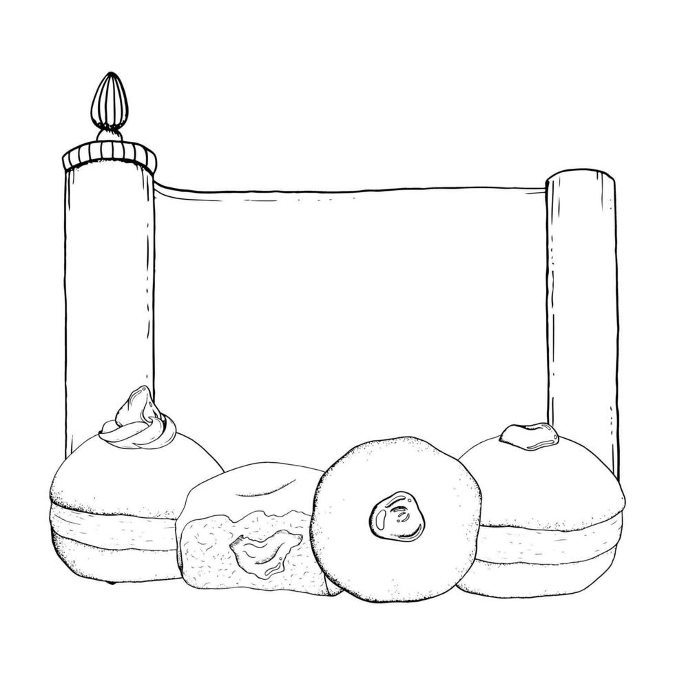 Hanoukka traditionnel beignets avec torah faire défiler vecteur noir et blanc illustration. main tiré juif Pâtisserie pour vacances