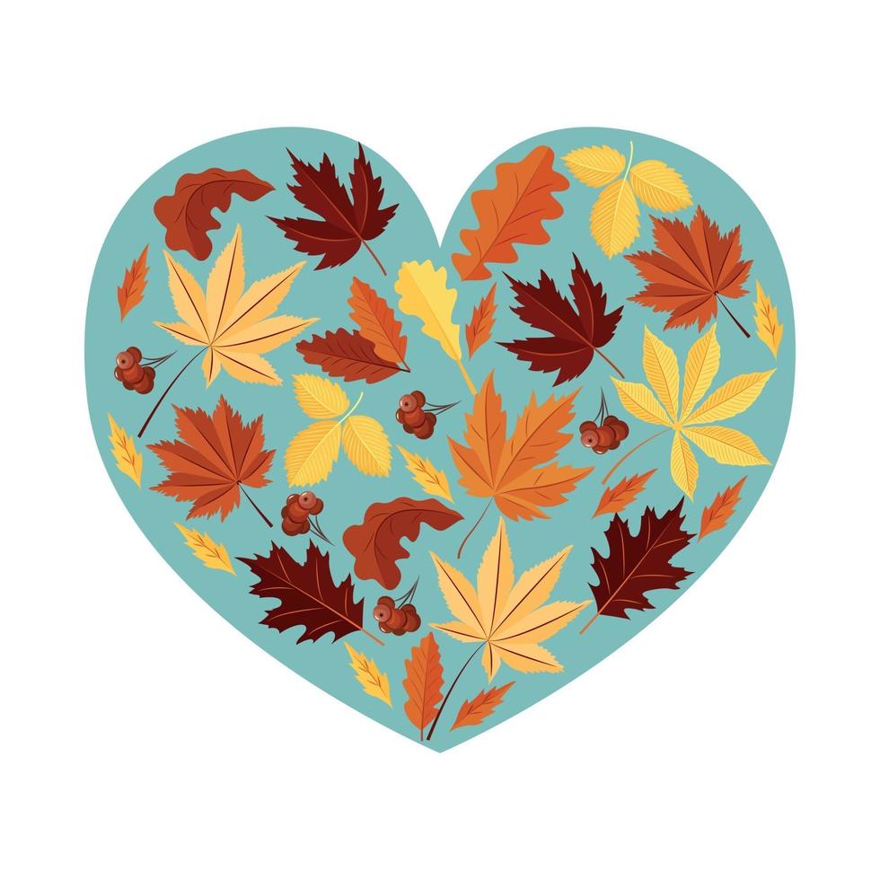 feuilles d'automne sur un fond bleu en forme de coeur. un élément de conception. vecteur