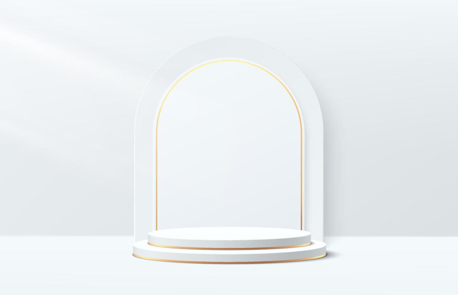 podium piédestal géométrique 3d blanc et or avec toile de fond en arc de luxe. vecteur