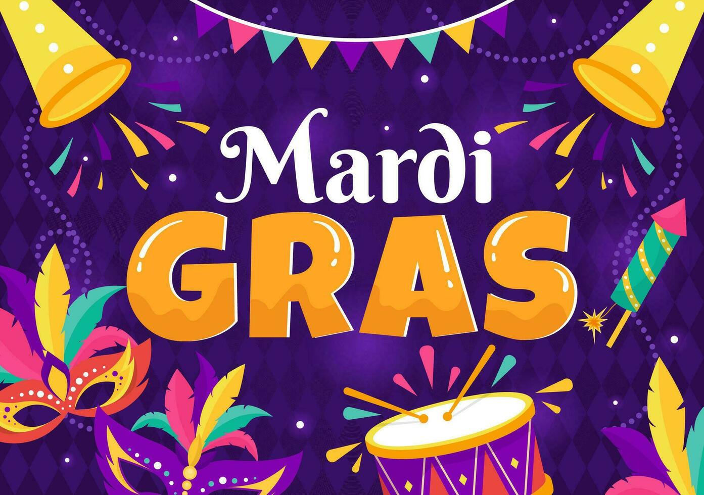 mardi gras carnaval vecteur illustration. Traduction est français pour graisse Mardi. Festival avec masques, maracas, guitare et plumes sur violet Contexte